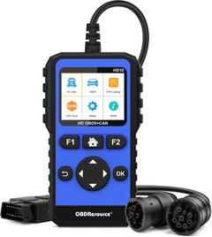 OBDResource HD10 heavy duty truck scanner and code reader for diesel vehicles, displaying diagnostic screen on device with truck in background
