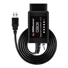 OBDResource FORScan ELMconfig ELM327 USB OBD2 scanner connected to a vehicle diagnostic port for vehicle data reading.