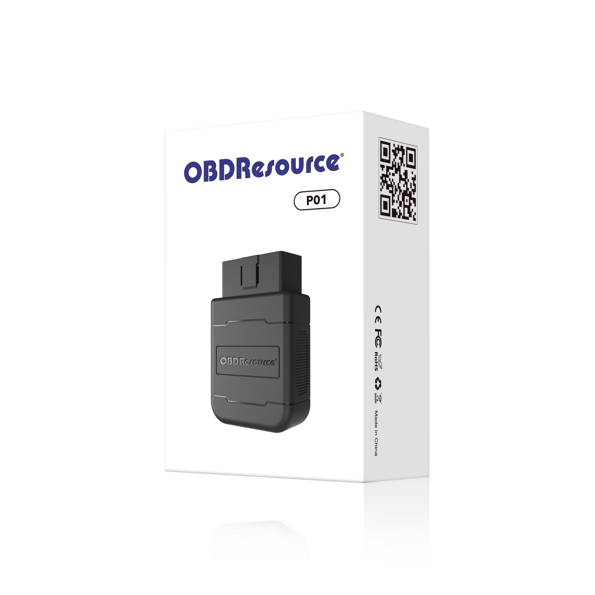 OBDResource P01 Bluetooth OBD2 VCI dongle connected to car port, portable OBD2 scanner with PIC18F25K80 chip for vehicle diagnostics