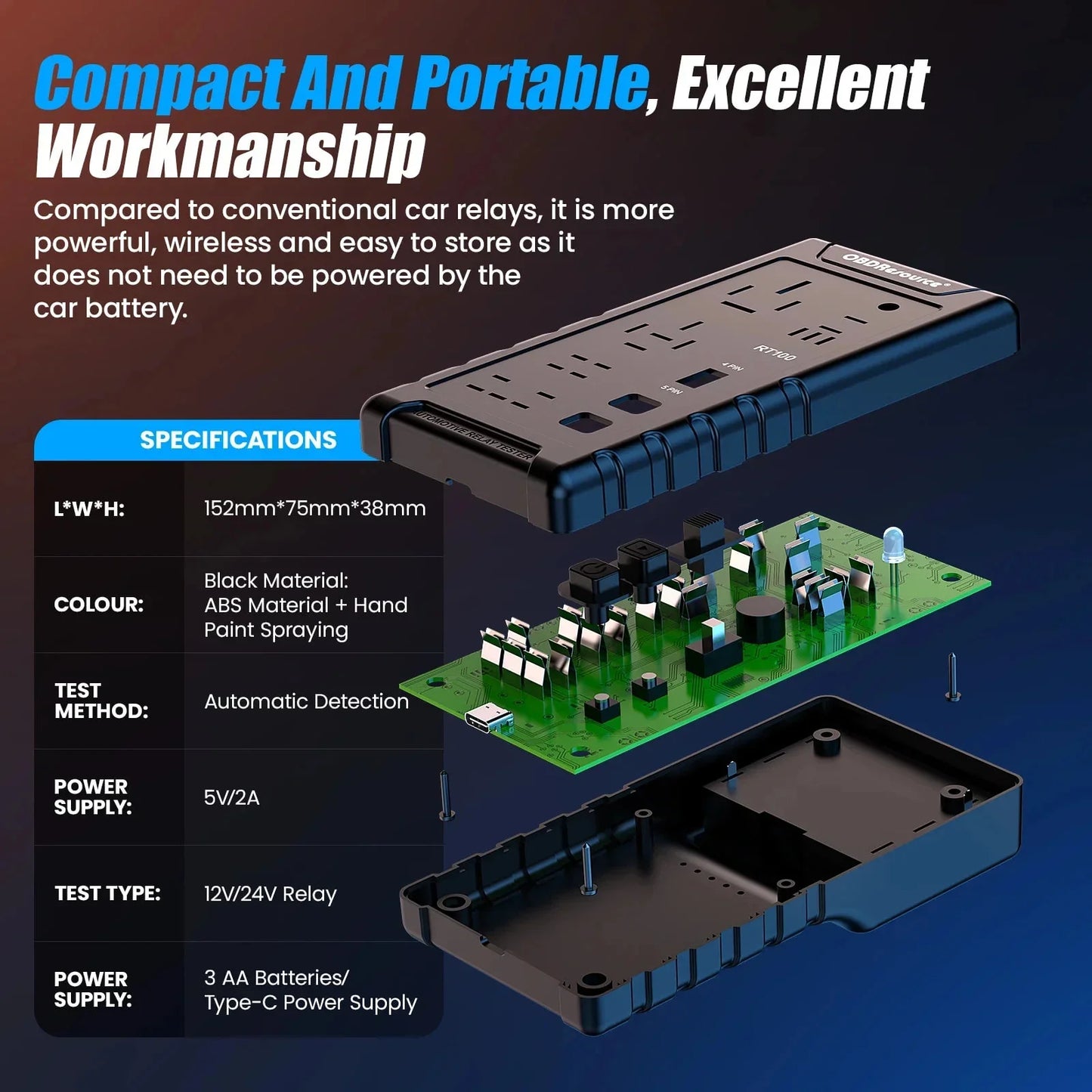 OBDResource RT100 Ultimate Smart Relay Tester - Wireless 12V/24V Auto-ID for Standard & Maxi Relays, Professional MCU Precision