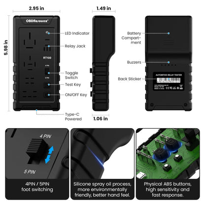 OBDResource RT100 Ultimate Smart Relay Tester - Wireless 12V/24V Auto-ID for Standard & Maxi Relays, Professional MCU Precision - OBDResource USA