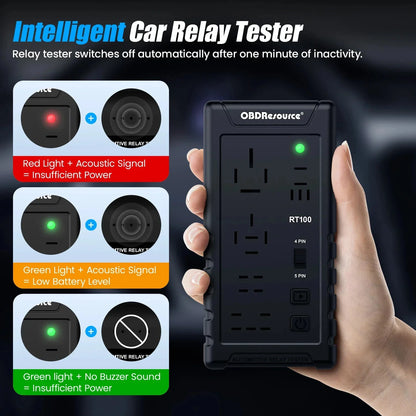 OBDResource RT100 Ultimate Smart Relay Tester - Wireless 12V/24V Auto-ID for Standard & Maxi Relays, Professional MCU Precision - OBDResource USA