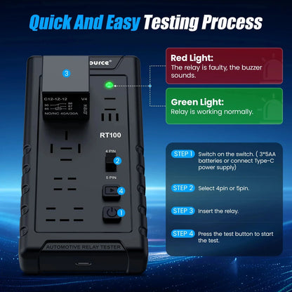 OBDResource RT100 Ultimate Smart Relay Tester - Wireless 12V/24V Auto-ID for Standard & Maxi Relays, Professional MCU Precision - OBDResource USA