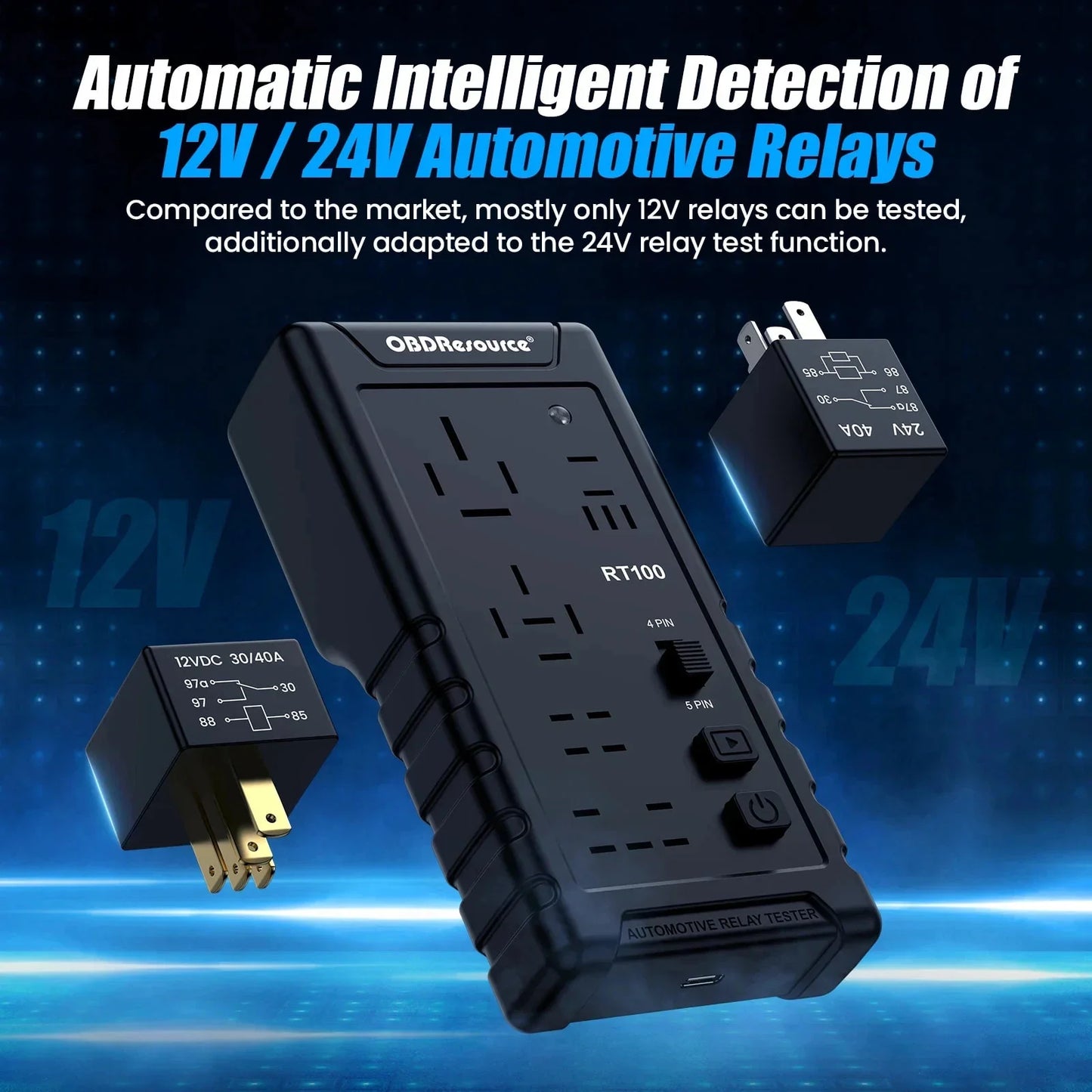 OBDResource RT100 Ultimate Smart Relay Tester - Wireless 12V/24V Auto-ID for Standard & Maxi Relays, Professional MCU Precision