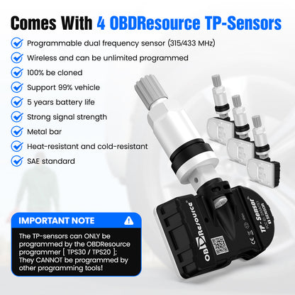 OBDResource TPS30 TPMS Relearn & Programming Tool Kit with 4 Programmable Sensors – Universal TPMS Reset, Sensor Activation & ID Write (315/433 MHz) - OBDResource USA