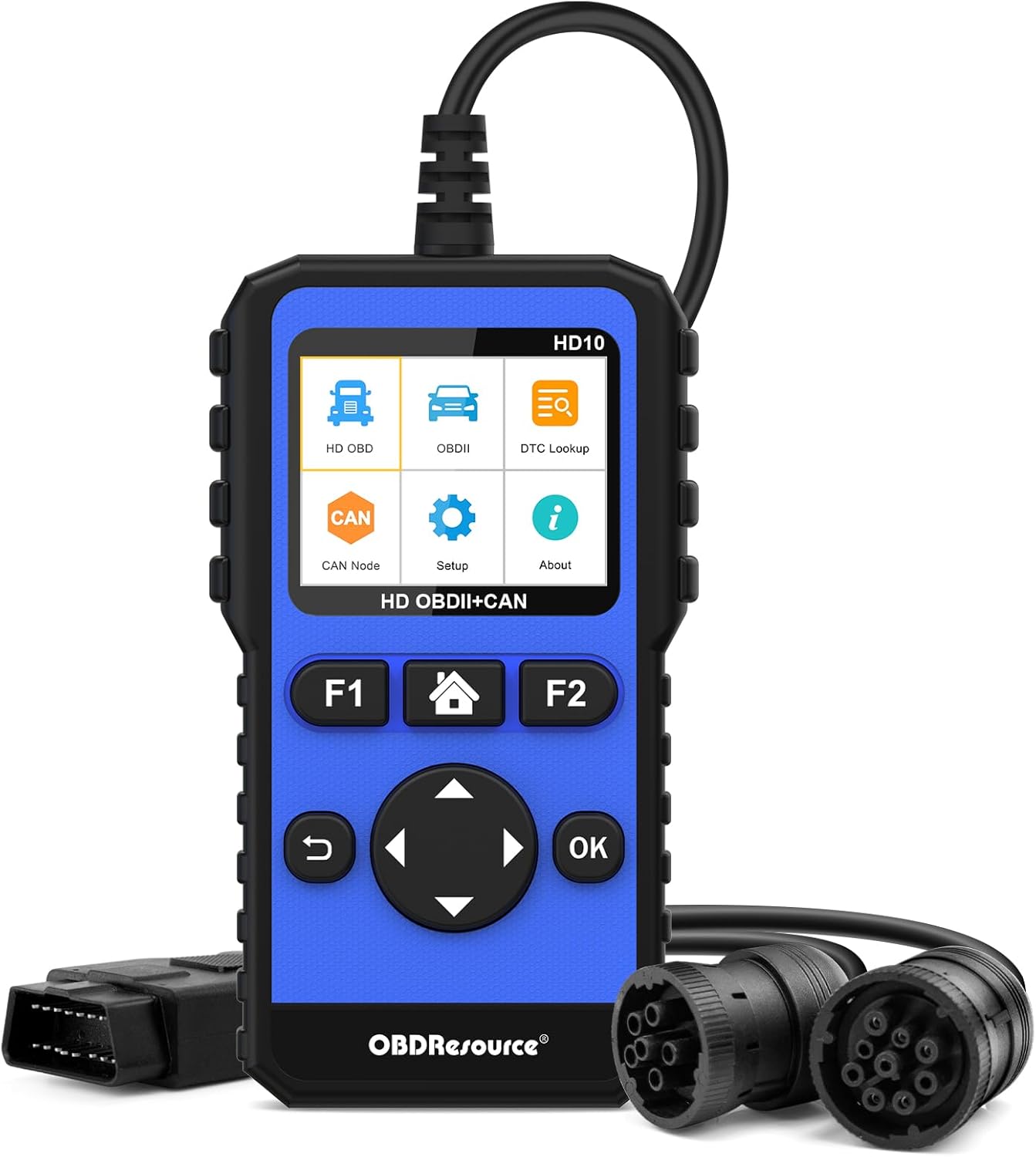 OBDResource HD10 heavy duty truck scanner and code reader for diesel vehicles, displaying diagnostic screen on device with truck in background