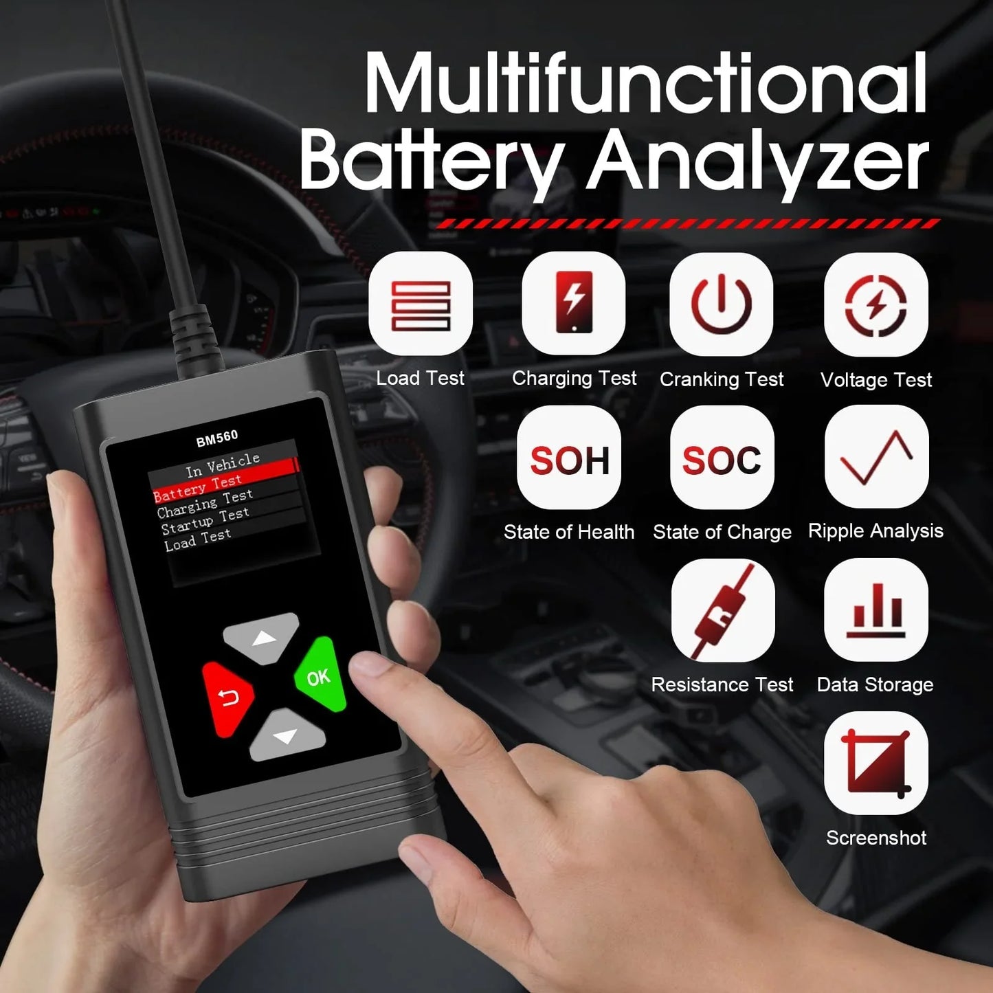OBDResource BM560 Pro 6V 12V Battery Tester - 1.8" HD Color Screen Analyzer with Real-time Waveform & One-Click Screenshot