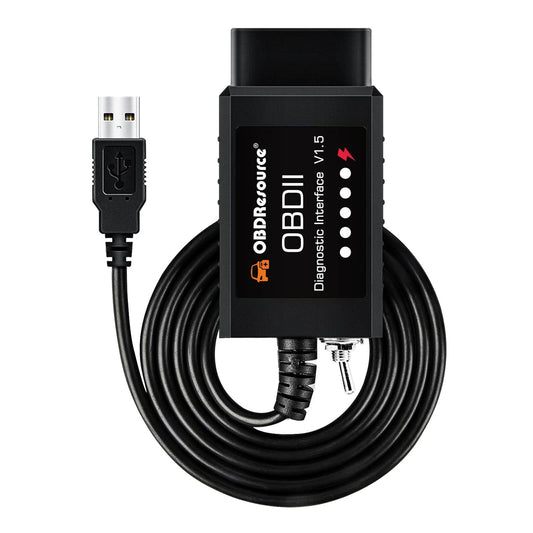 OBDResource FORScan ELMconfig ELM327 USB OBD2 scanner connected to a vehicle diagnostic port for vehicle data reading.