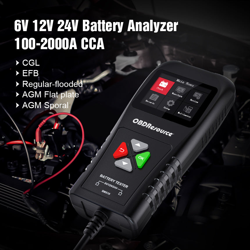OBDResource BM510 Car Battery Tester 6V 12V 24V - Professional Automotive Battery Analyzer with Non-Polarity Connection & HD Color Screen