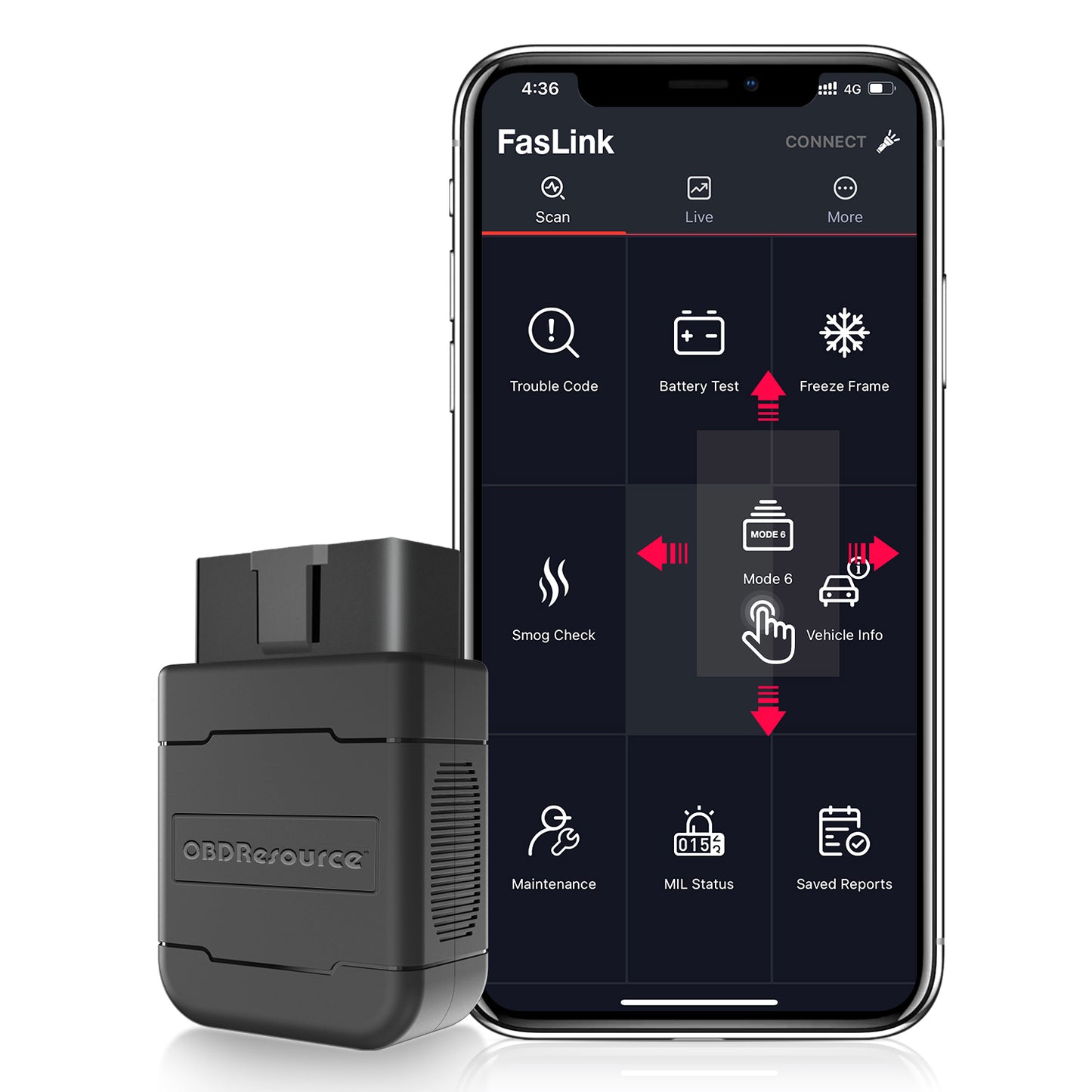 OBDResource P01 Bluetooth OBD2 VCI dongle connected to vehicle diagnostic port, portable PIC18F25K80 scanner for car diagnostics