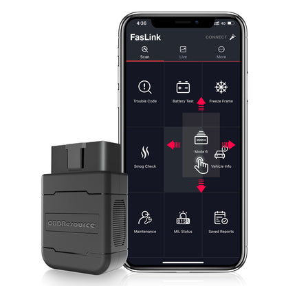 OBDResource P01 Bluetooth OBD2 VCI dongle connected to vehicle diagnostic port, portable PIC18F25K80 scanner for car diagnostics