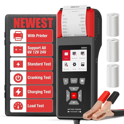 OBDResource BM800 Professional Battery Tester with Built-in Thermal Printer - 6V 12V 24V Battery Analyzer for Cars & Heavy Duty Trucks, 2.8" Color Screen Diagnostic Tool - OBDResource USA