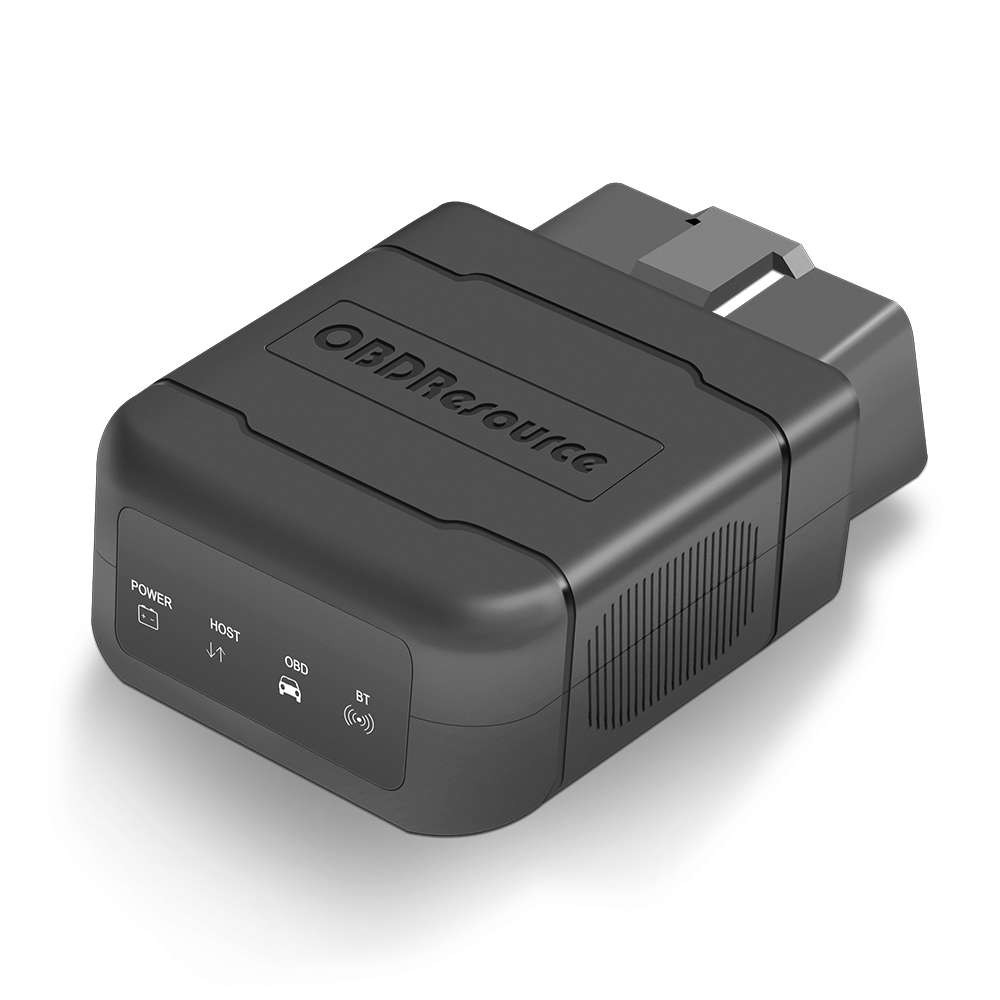 OBDResource P01 Bluetooth OBD2 VCI dongle connected to vehicle, portable PIC18F25K80 scanner for vehicle diagnostics and data reading.