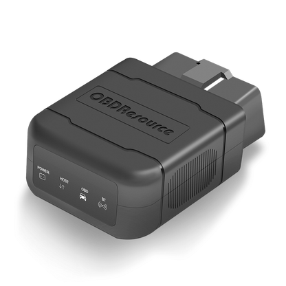 OBDResource P01 Bluetooth OBD2 VCI dongle connected to vehicle, portable PIC18F25K80 scanner for vehicle diagnostics and data reading.