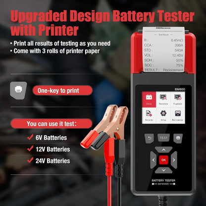 OBDResource BM800 Professional Battery Tester with Built-in Thermal Printer - 6V 12V 24V Battery Analyzer for Cars & Heavy Duty Trucks, 2.8" Color Screen Diagnostic Tool - OBDResource USA