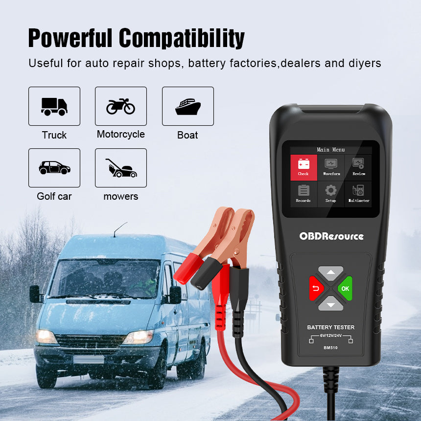 OBDResource BM510 Car Battery Tester 6V 12V 24V - Professional Automotive Battery Analyzer with Non-Polarity Connection & HD Color Screen