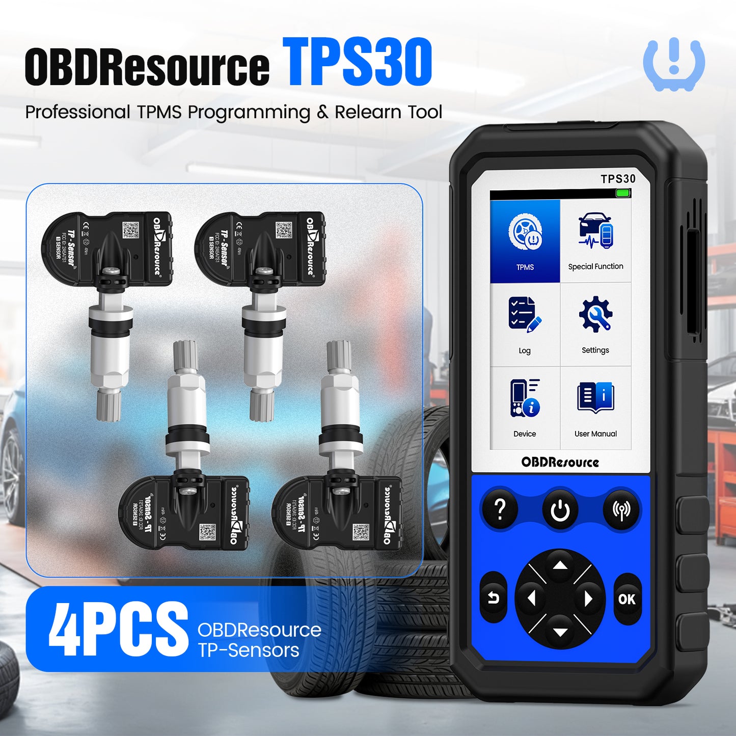 OBDResource TPS30 TPMS Relearn & Programming Tool Kit with 4 Programmable Sensors – Universal TPMS Reset, Sensor Activation & ID Write (315/433 MHz)