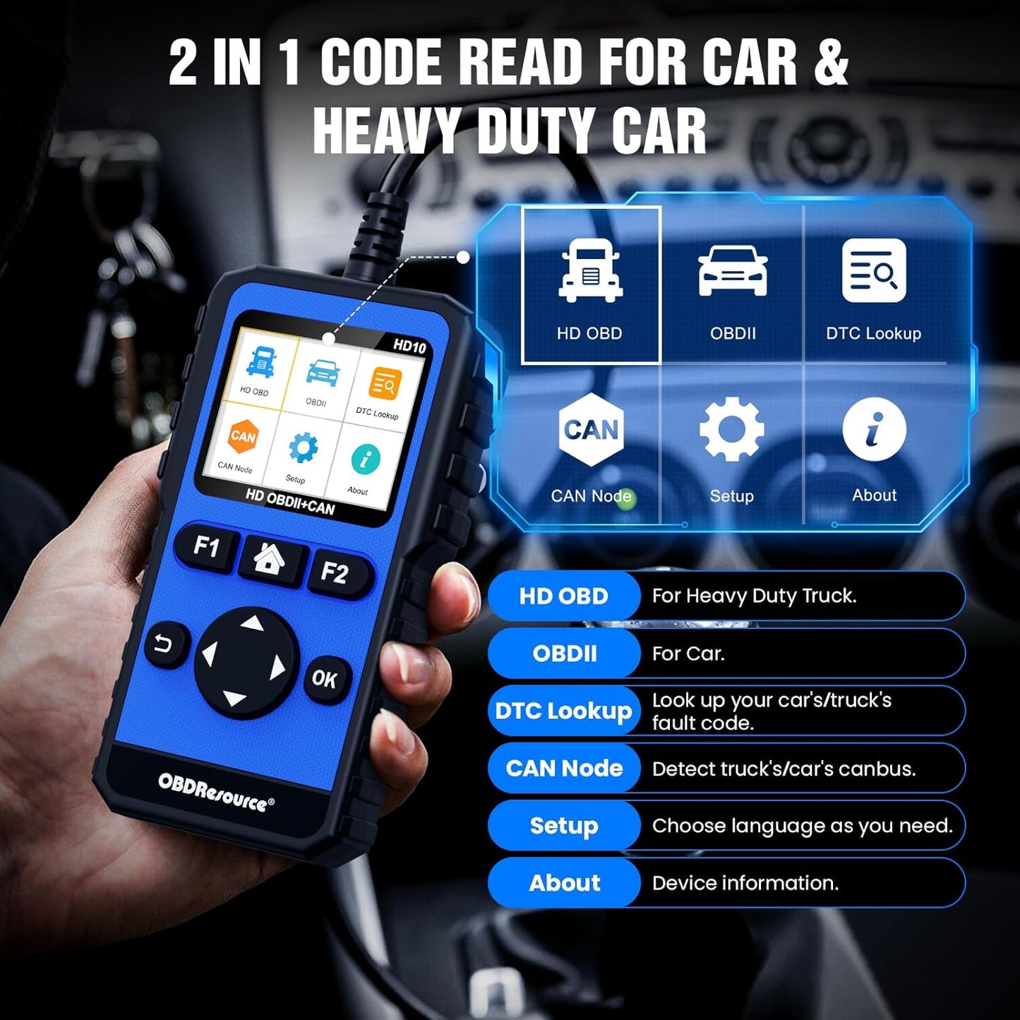 OBDResource HD10 heavy-duty truck scanner displaying a full system diesel diagnostic code reader for 12V/24V commercial vehicles.