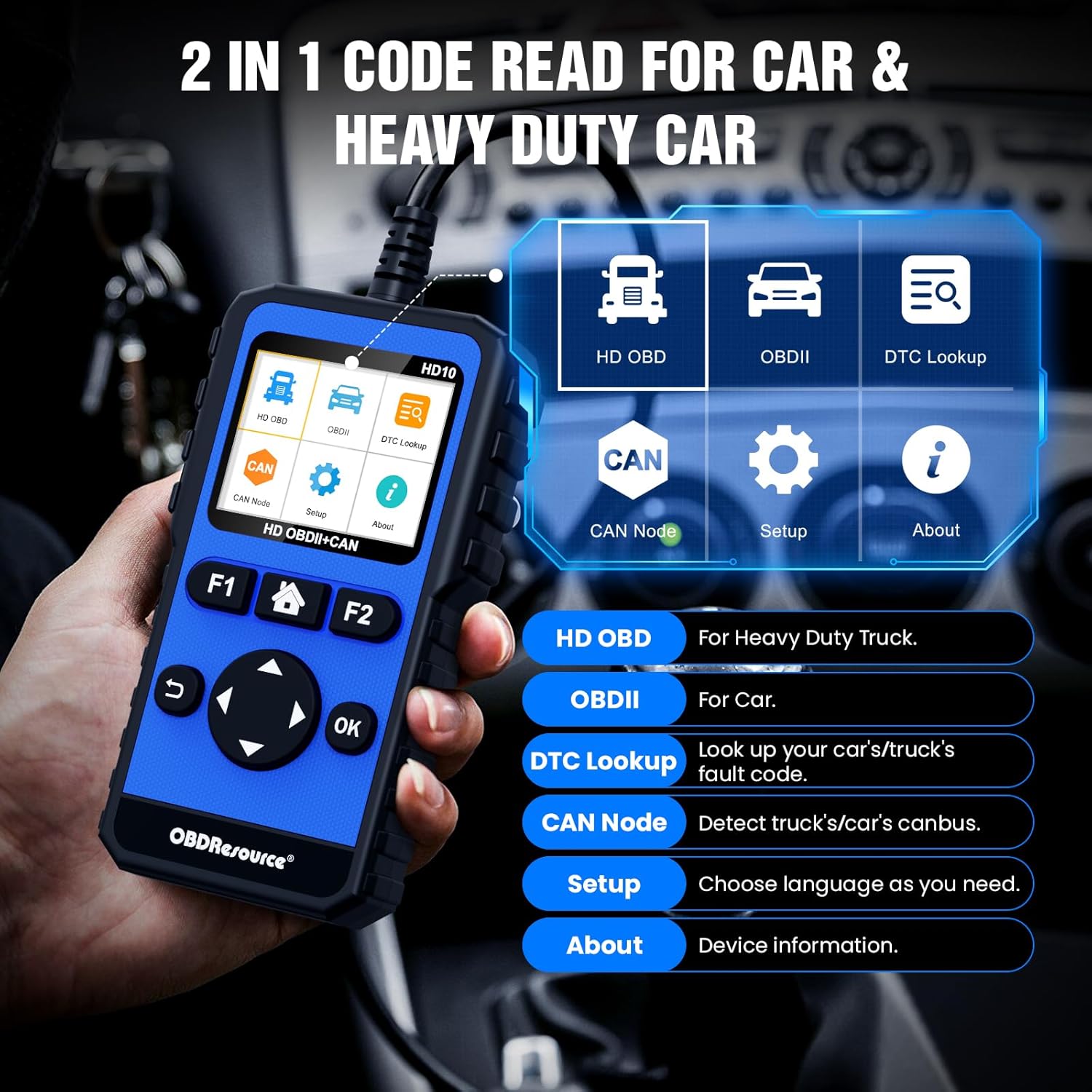 OBDResource HD10 heavy-duty truck scanner displaying a full system diesel diagnostic code reader for 12V/24V commercial vehicles.