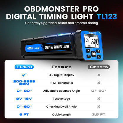 OBDResource TL123 Automotive Timing Light – 12V/24V Ignition Timing Gun with Adjustable Advance, LED Display & High-Visibility Strobe Diagnostic Tool - OBDResource USA