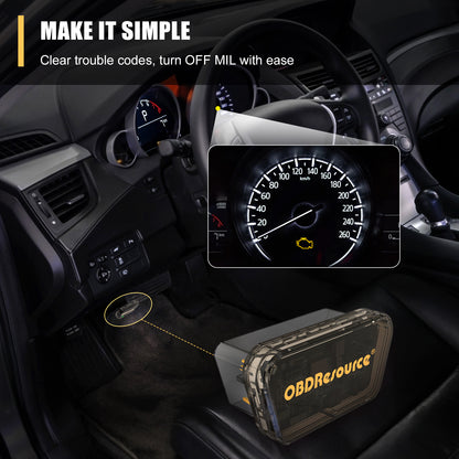 OBDResource P04 Lite Lightning OBD2 scanner with plug-and-play design, used for clearing vehicle fault codes.