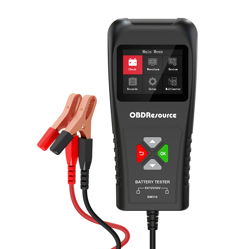 OBDResource BM510 Car Battery Tester 6V 12V 24V - Professional Automotive Battery Analyzer with Non-Polarity Connection & HD Color Screen - OBDResource USA