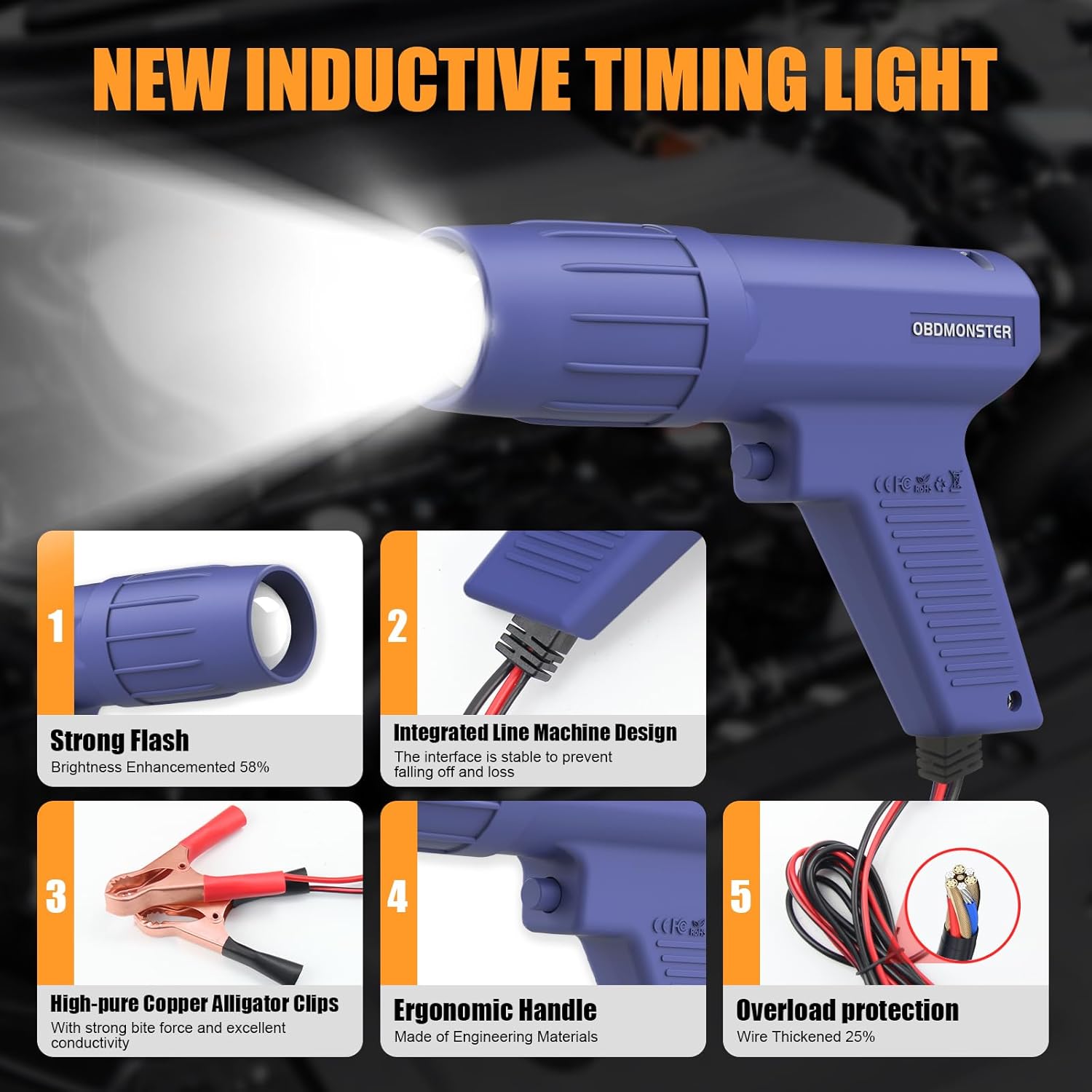OBDResource N124 professional ignition timing light, 12V inductive strobe lamp for car, motorcycle, and marine petrol engines.