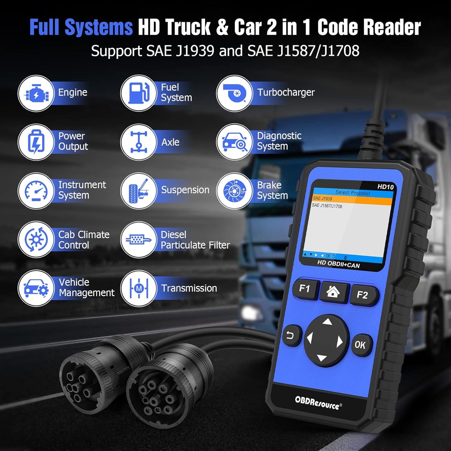 OBDResource HD10 heavy duty truck OBD2 scanner displaying diagnostic screen for diesel vehicles including Cummins and Detroit engines.