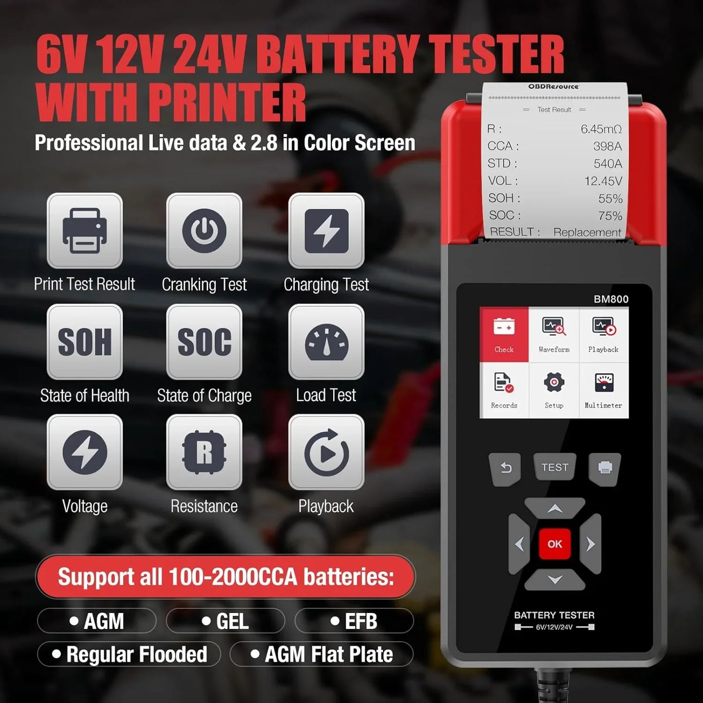 OBDResource BM800 Professional Battery Tester with Built-in Thermal Printer - 6V 12V 24V Battery Analyzer for Cars & Heavy Duty Trucks, 2.8" Color Screen Diagnostic Tool