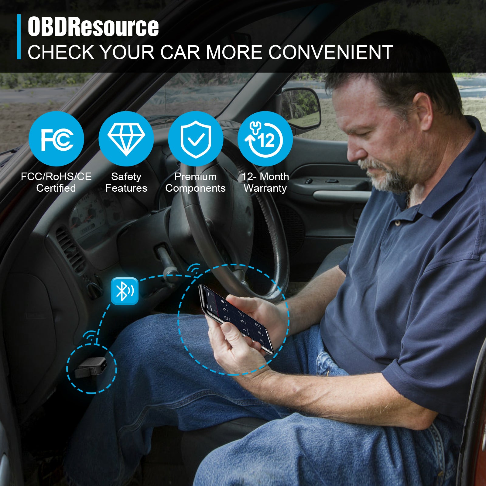 OBDResource P01 Bluetooth OBD2 scanner dongle connected to vehicle port, portable diagnostic tool for car engine data.