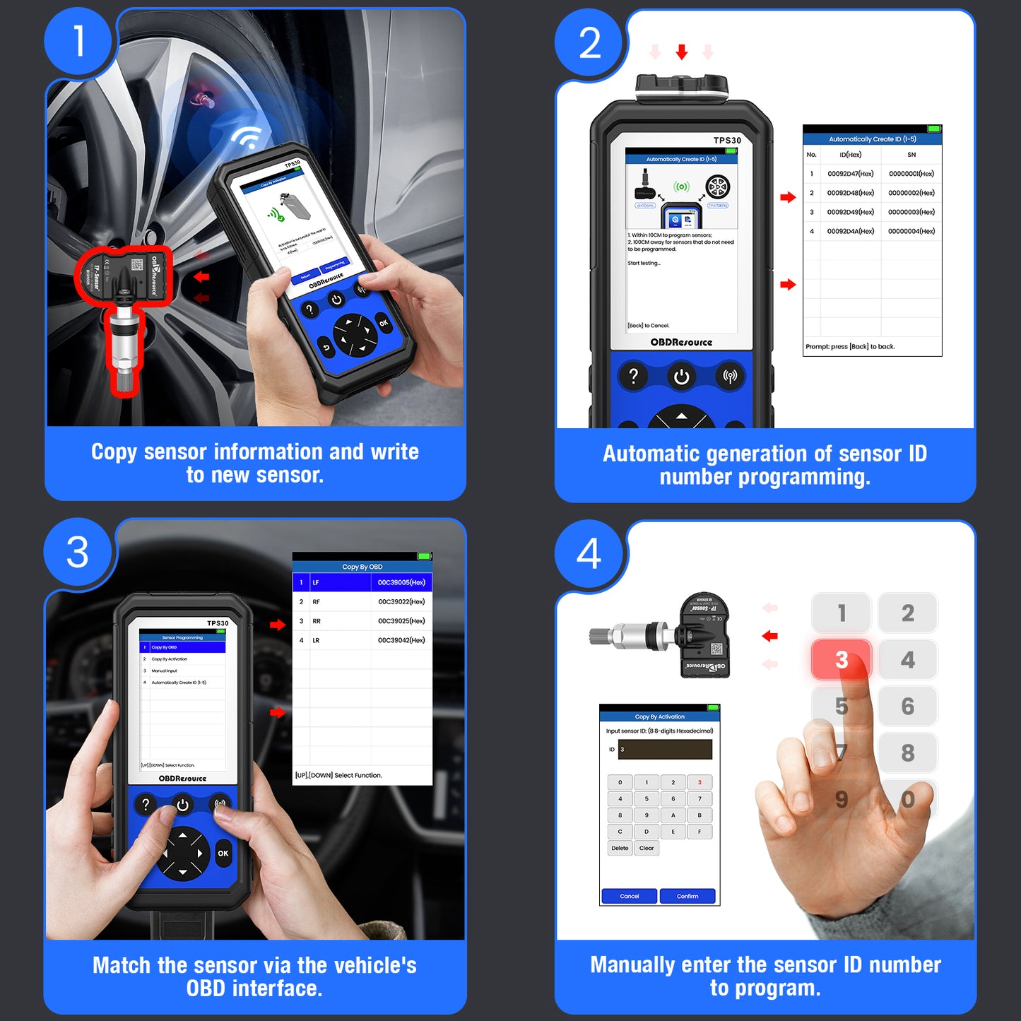 OBDResource TPS30 TPMS Relearn & Programming Tool Kit with 4 Programmable Sensors – Universal TPMS Reset, Sensor Activation & ID Write (315/433 MHz)