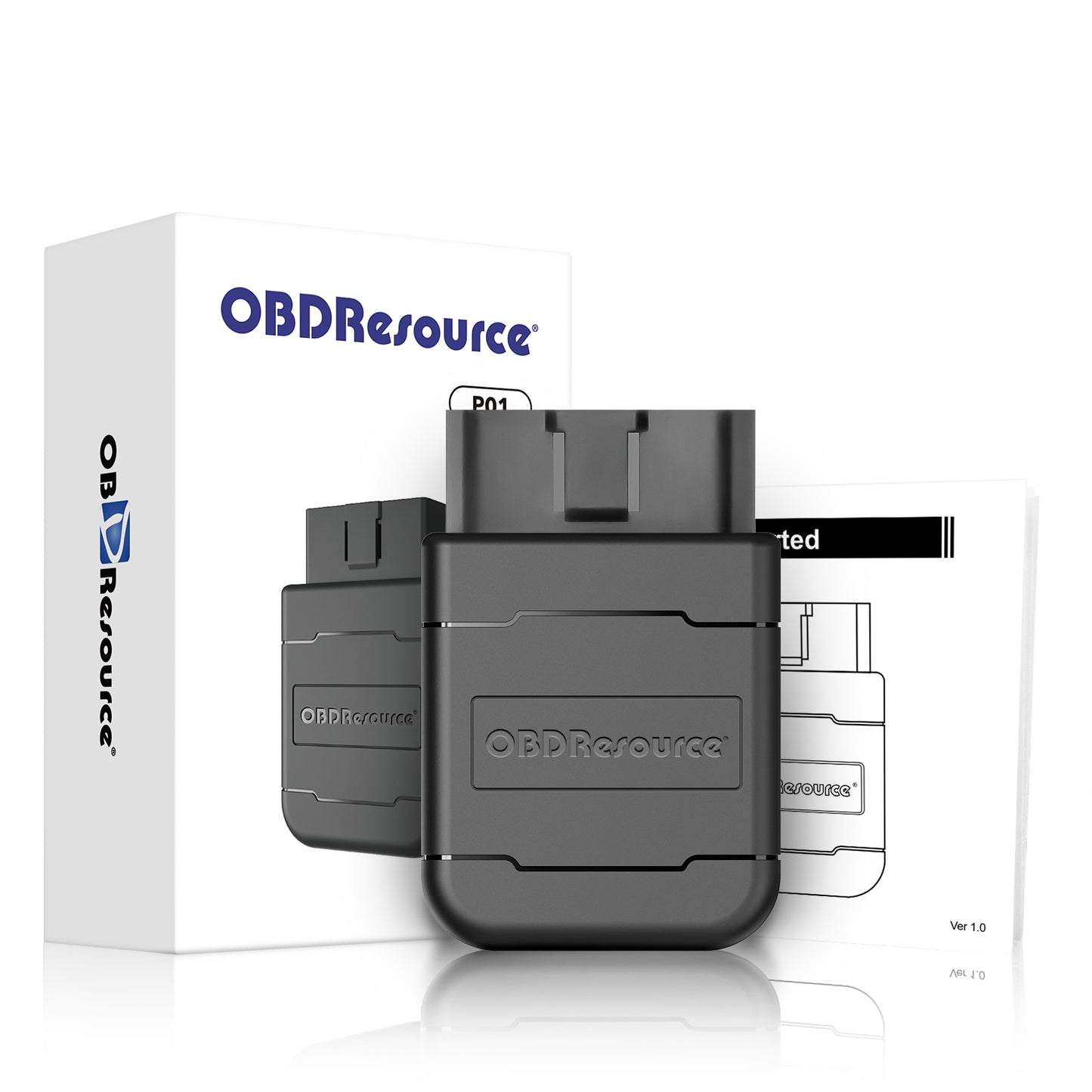 OBDResource P01 Bluetooth OBD2 VCI dongle connected to vehicle diagnostic port, portable OBD2 scanner for vehicle data reading.