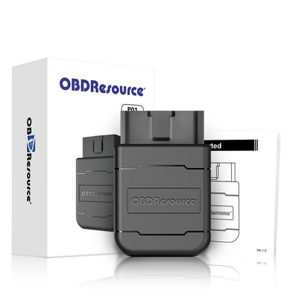 OBDResource P01 Bluetooth OBD2 VCI dongle connected to vehicle diagnostic port, portable OBD2 scanner for vehicle data reading.