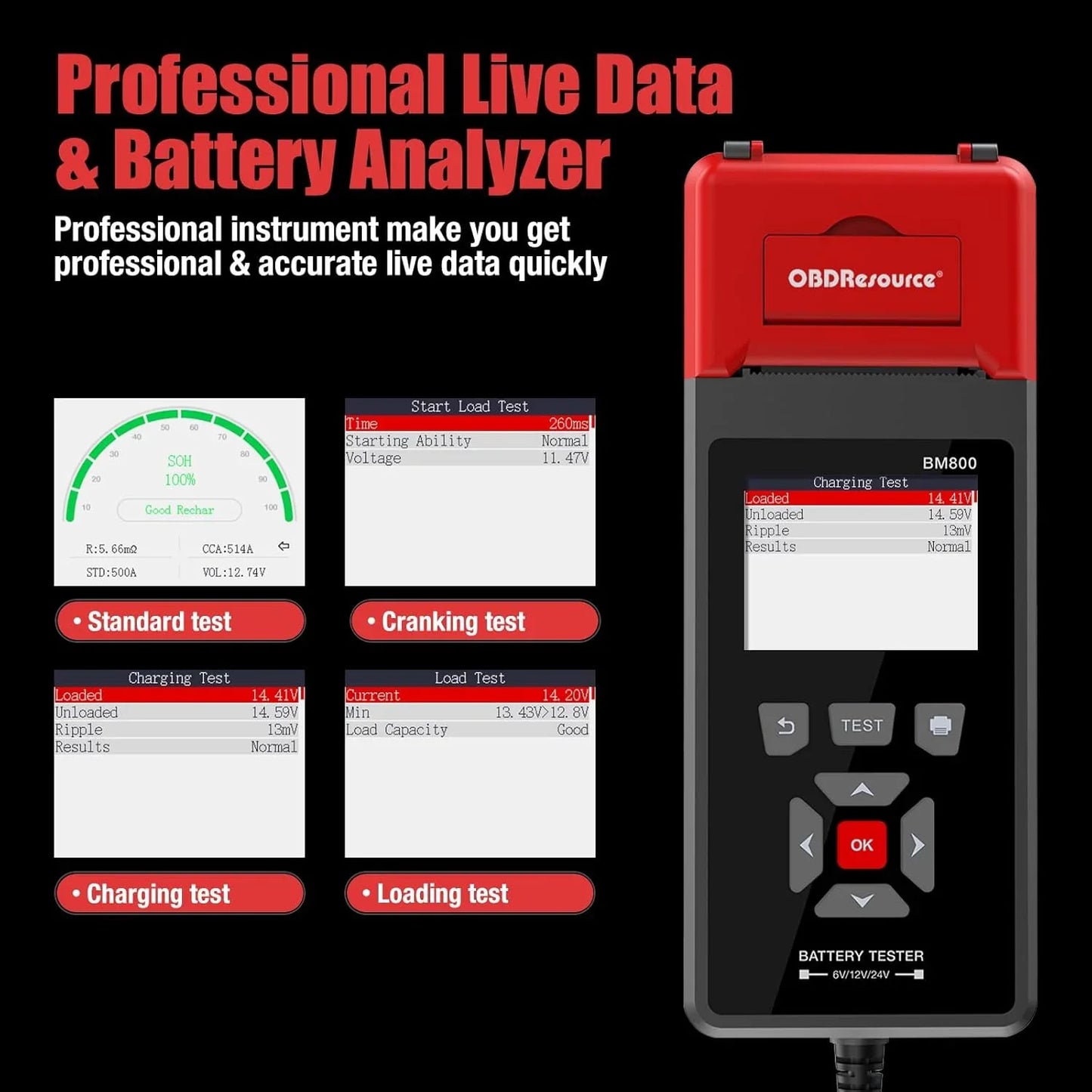 OBDResource BM800 Professional Battery Tester with Built-in Thermal Printer - 6V 12V 24V Battery Analyzer for Cars & Heavy Duty Trucks, 2.8" Color Screen Diagnostic Tool