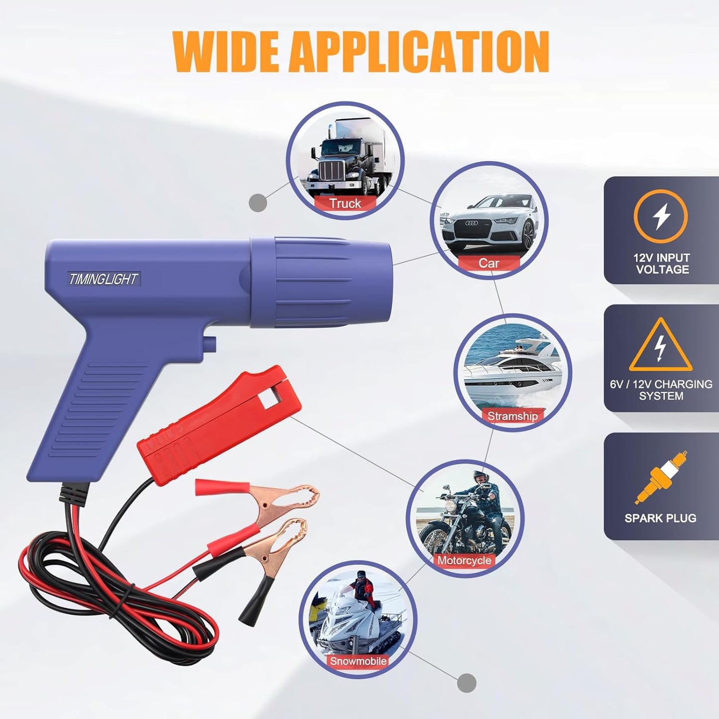 OBDResource N124 professional ignition timing light connected to a car engine, used for precise ignition timing adjustment.