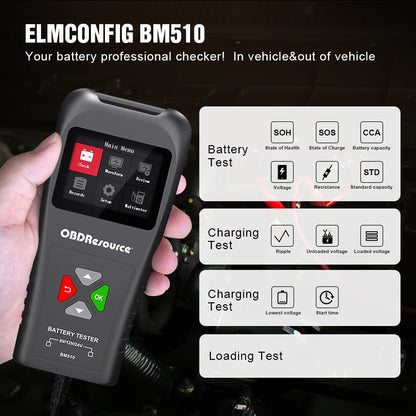 OBDResource BM510 Car Battery Tester 6V 12V 24V - Professional Automotive Battery Analyzer with Non-Polarity Connection & HD Color Screen - OBDResource USA