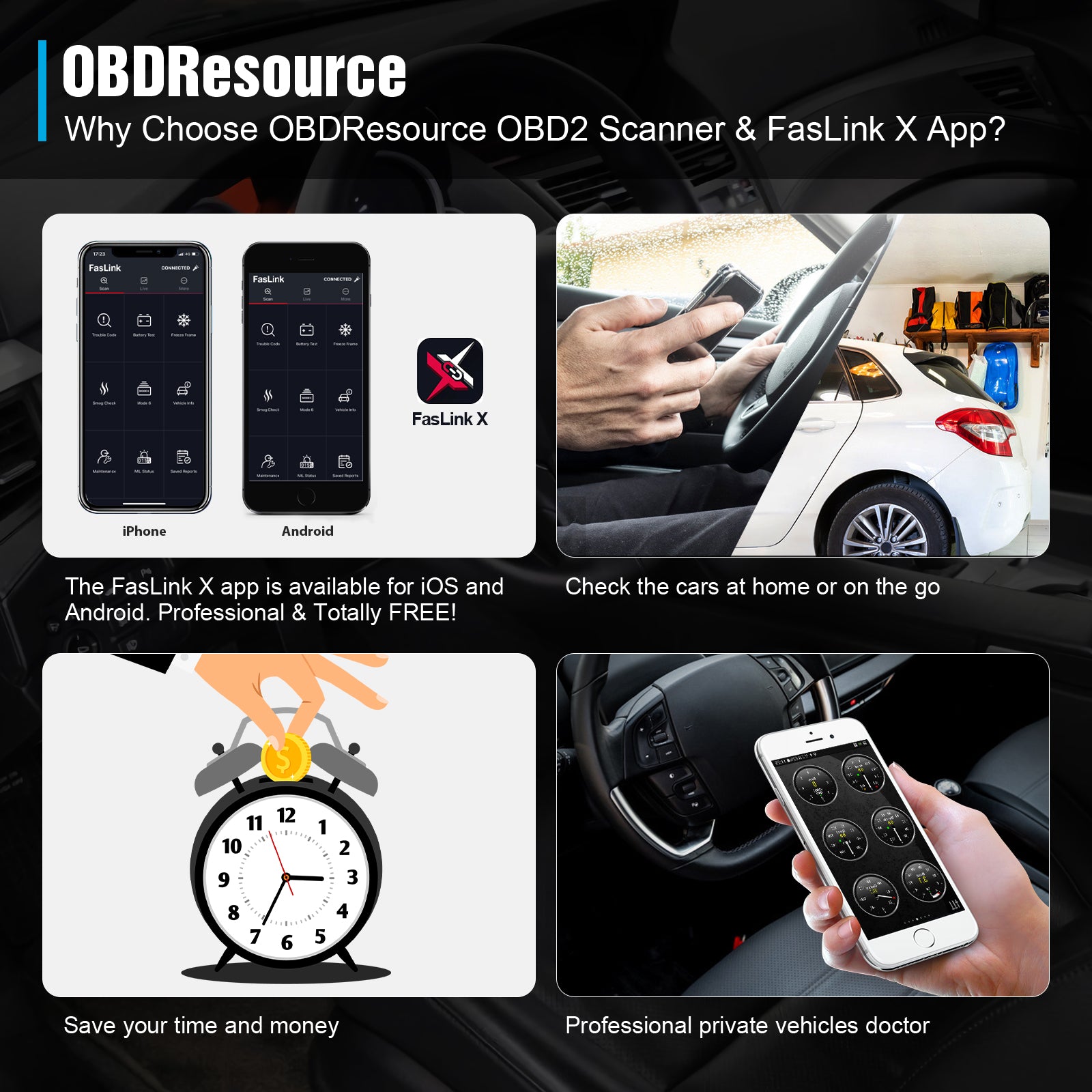 OBDResource P01 Bluetooth OBD2 VCI dongle connected to a vehicle diagnostic port, portable scanner for vehicle data reading.
