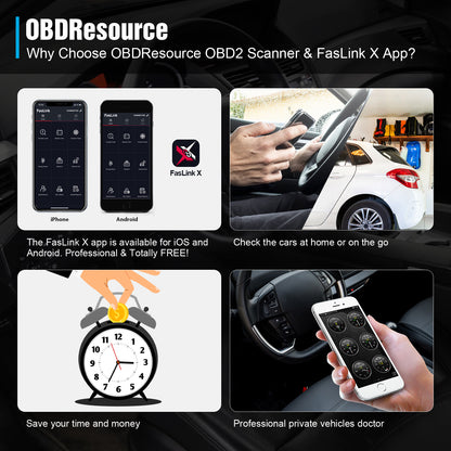 OBDResource P01 Bluetooth OBD2 VCI dongle connected to a vehicle diagnostic port, portable scanner for vehicle data reading.