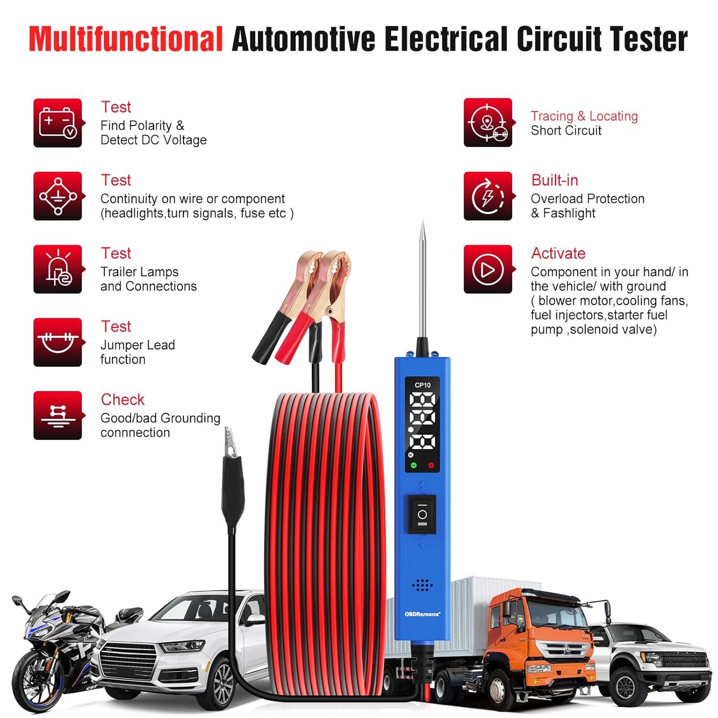 OBDResource CP10 Power Probe 6V 30V - Professional Automotive Circuit Tester with OLED Display & Component Activation Tool for Cars & Trucks
