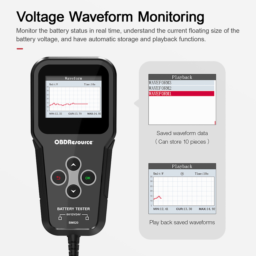OBDResource BM520 Car Battery Tester 6V 12V 24V - Professional Automotive Battery Analyzer with Non-Polarity Connection & 2.4" HD Color Screen