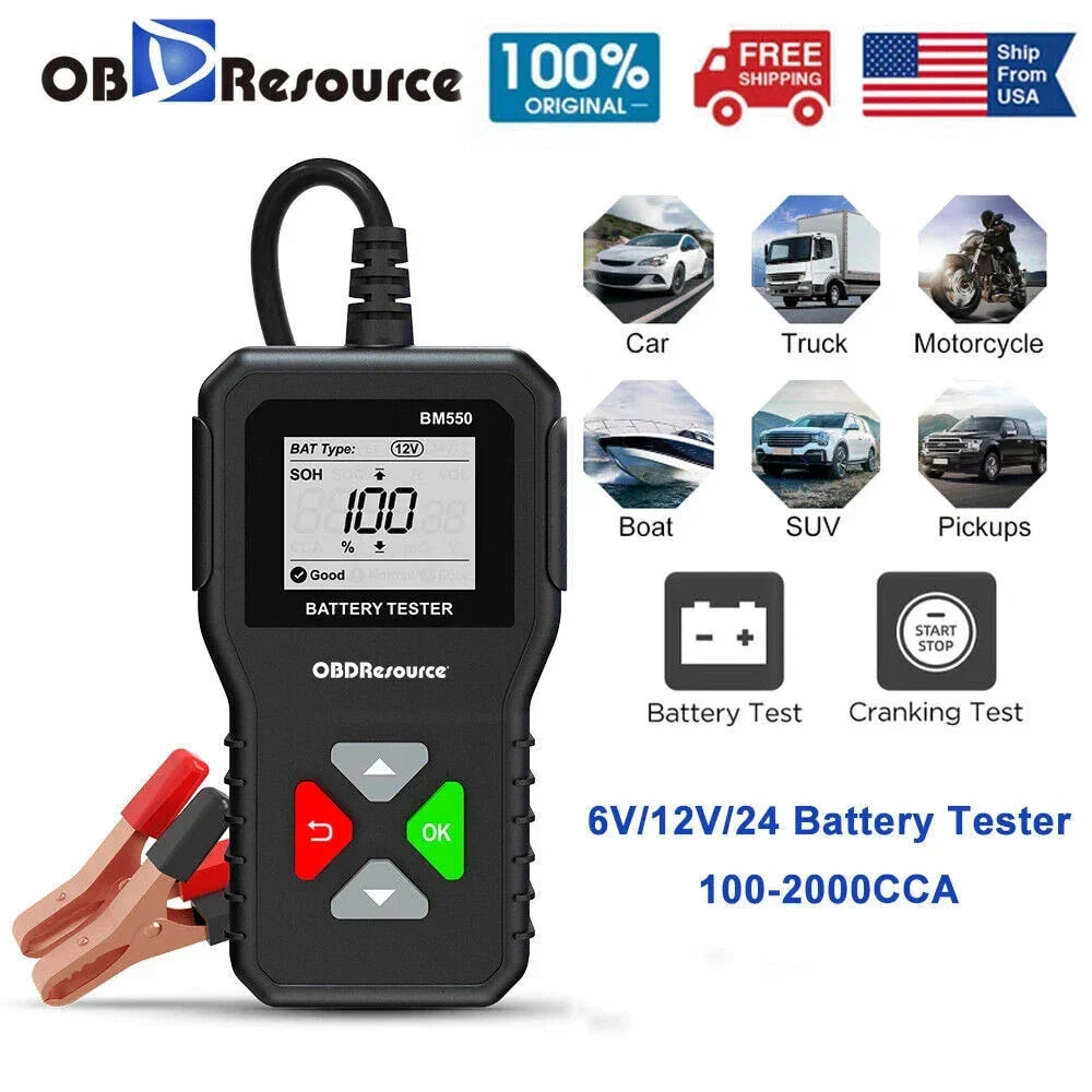 OBDResource BM550 Professional 6V 12V 24V Battery Tester - 100-2000 CCA Analyzer for Cars, Trucks & Motorcycles