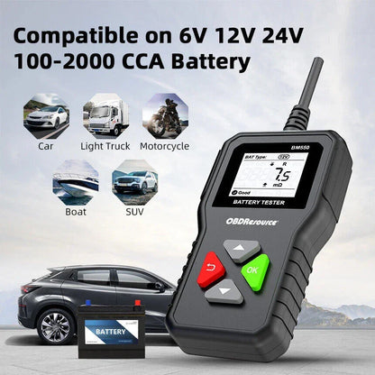 OBDResource BM550 Professional 6V 12V 24V Battery Tester - 100-2000 CCA Analyzer for Cars, Trucks & Motorcycles - OBDResource USA
