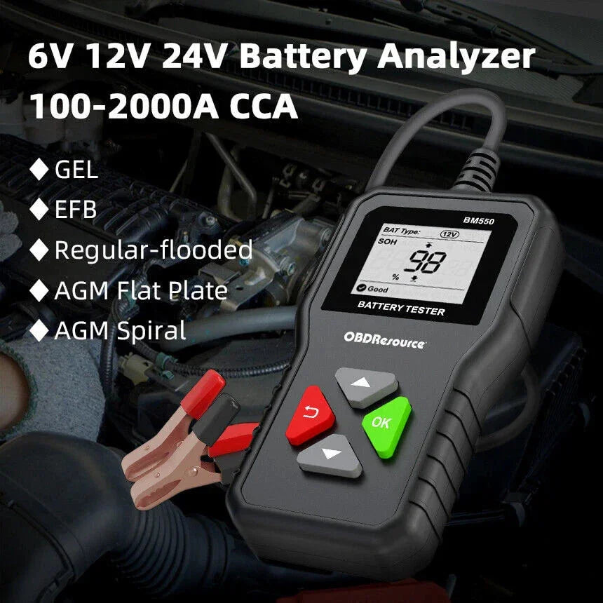 OBDResource BM550 Professional 6V 12V 24V Battery Tester - 100-2000 CCA Analyzer for Cars, Trucks & Motorcycles