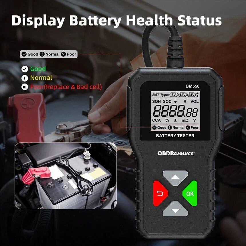 OBDResource BM550 Professional 6V 12V 24V Battery Tester - 100-2000 CCA Analyzer for Cars, Trucks & Motorcycles
