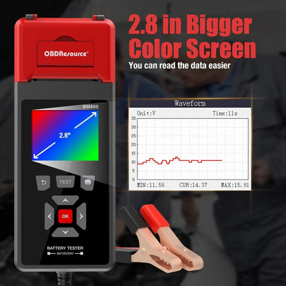 OBDResource BM800 Professional Battery Tester with Built-in Thermal Printer - 6V 12V 24V Battery Analyzer for Cars & Heavy Duty Trucks, 2.8" Color Screen Diagnostic Tool - OBDResource USA