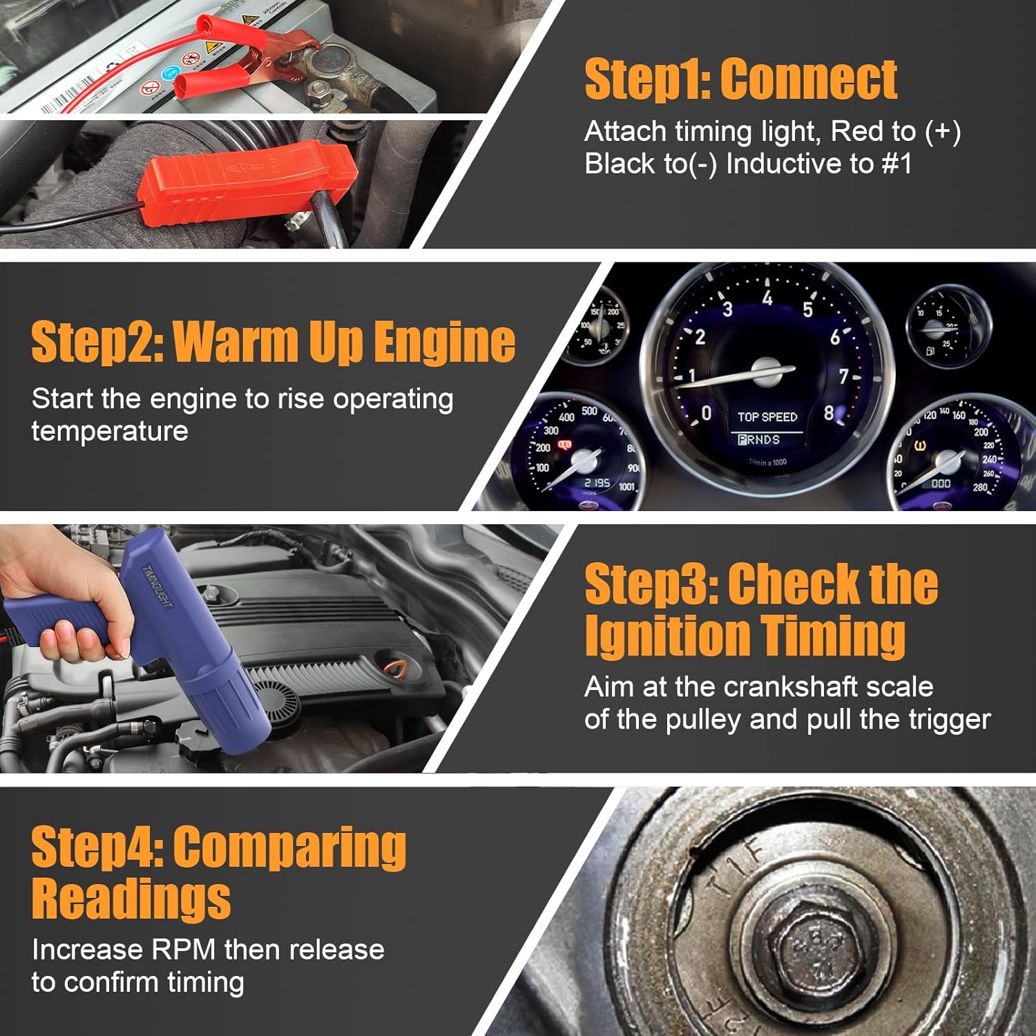 OBDResource N124 professional ignition timing light for petrol engines, showing the 12V inductive strobe lamp in use on a car engine.