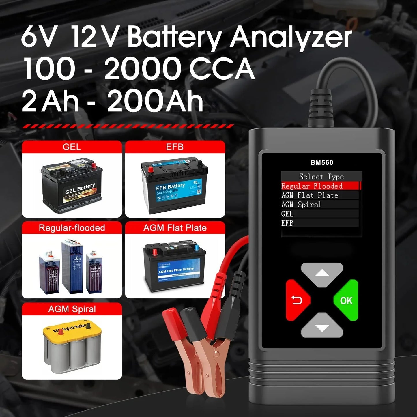 OBDResource BM560 Pro 6V 12V Battery Tester - 1.8" HD Color Screen Analyzer with Real-time Waveform & One-Click Screenshot