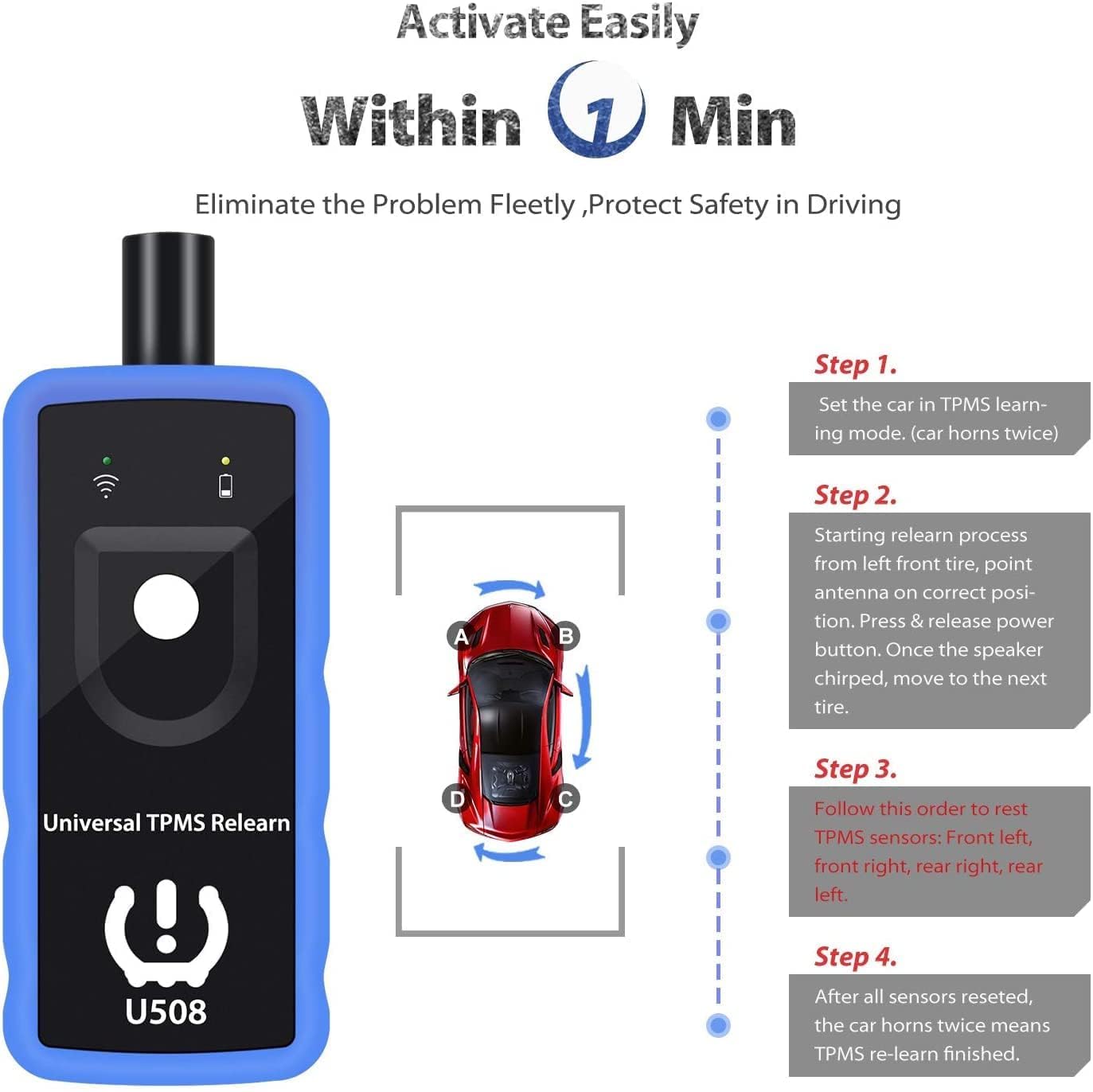 OBDResource U508 Universal TPMS Relearn Tool – 315/433 MHz Tire Pressure Sensor Activation & Reset Tool for Jeep, Chrysler, Ford, Dodge Vehicles - OBDResource USA