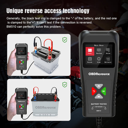 OBDResource BM510 Car Battery Tester 6V 12V 24V - Professional Automotive Battery Analyzer with Non-Polarity Connection & HD Color Screen - OBDResource USA