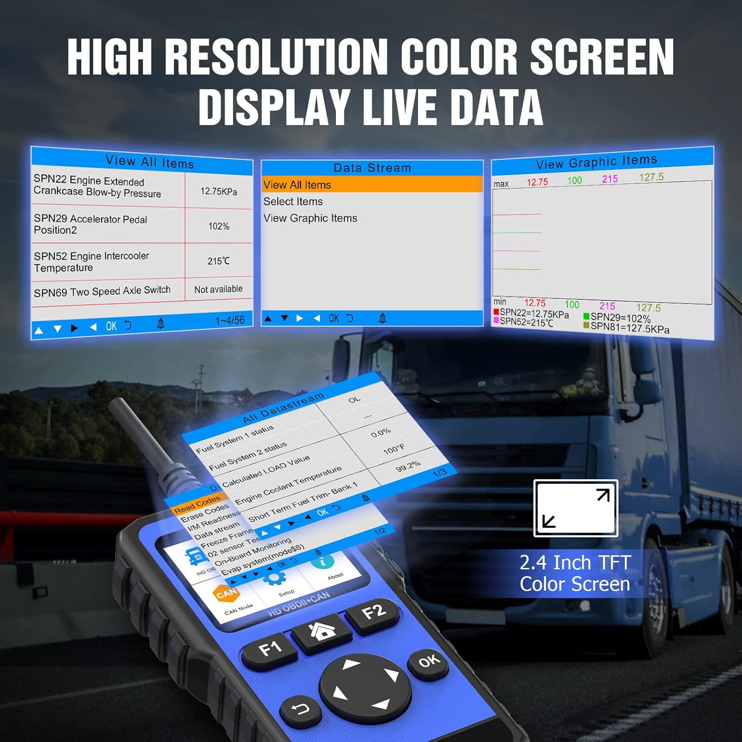 OBDResource HD10 heavy-duty truck scanner displaying a digital screen with diagnostic data for commercial vehicles.